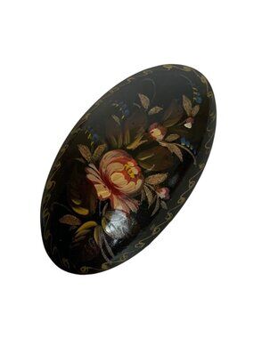 Russian Hand-Painted Floral Brooch Oval Black Gold Signed M Paquin Vintage
